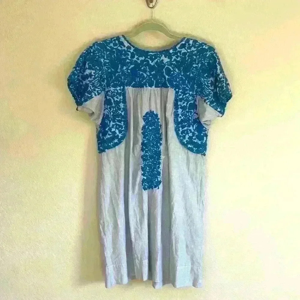 Sister Mary Blue Embroidered Pinstripe Shift Dress Size XS